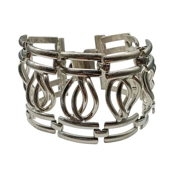 Vintage Silver-Tone Wide Cuff Bracelet With Intricate Openwork Design - Picture 2 of 5